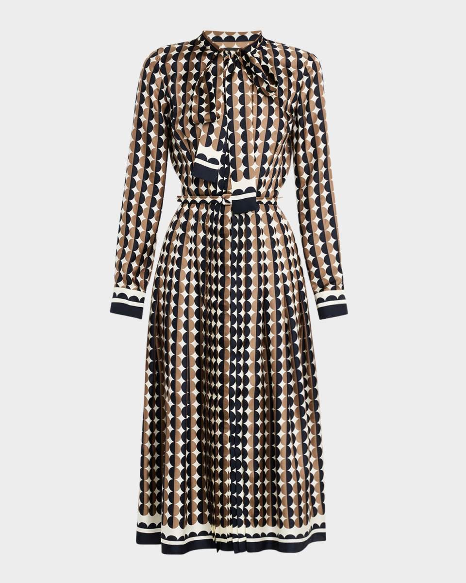 Mini Geo Silk Twill Neck-Tie Long-Sleeve Midi Dress